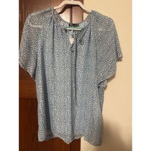 PRETTYGARDEN Women Blue White Animal Print Tie Neck Flutter Sleeve Blouse Top XL